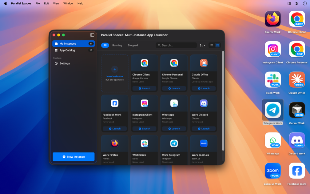 My Spaces — list of isolated app instances
