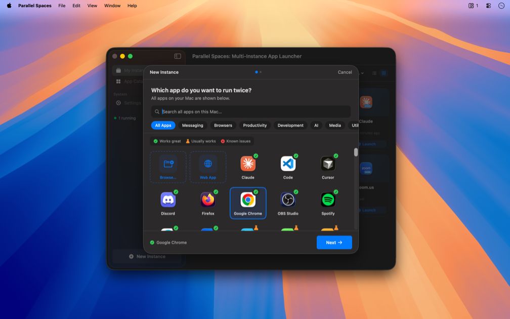 New Space — pick an app to multi-instance