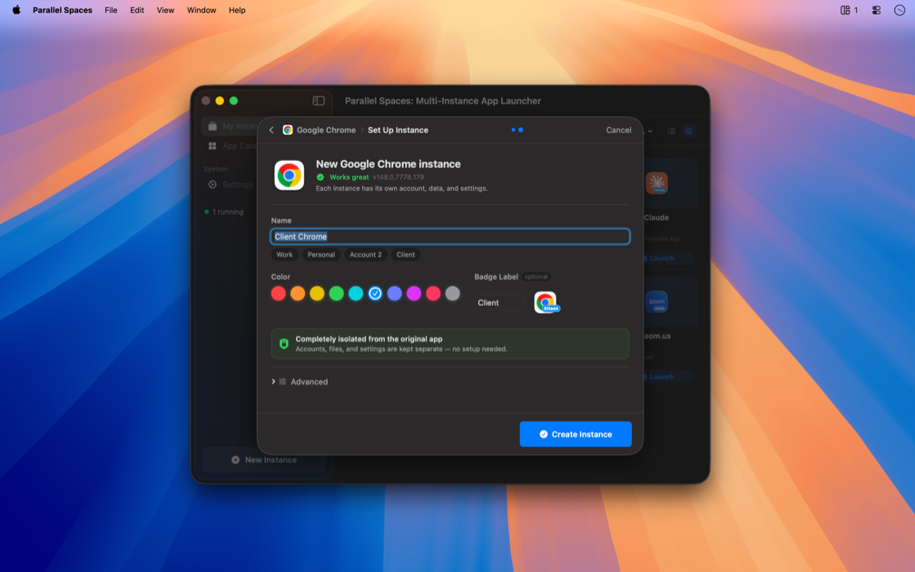 Set Up Instance — name, color, badge and isolation options