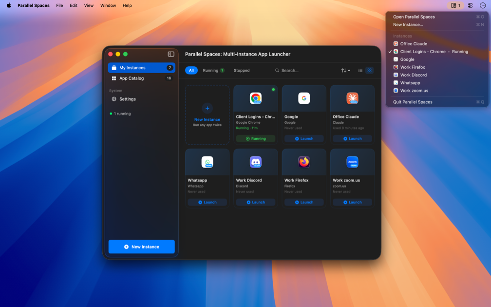 Menu bar — quick access to all running spaces